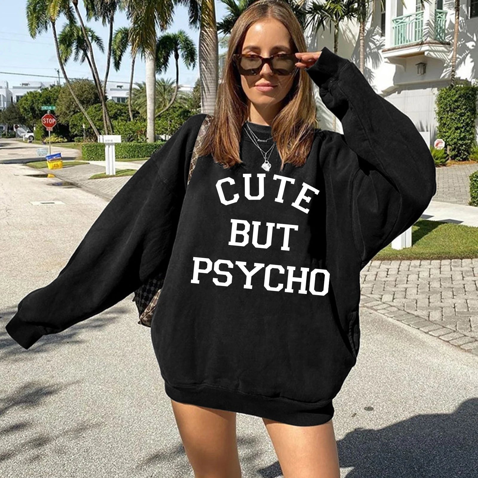 CUTE but PSYCHO 2023 Trend Long Sleeve O-Neck Ladies Top Harajuku Fashion Fall/Winter Hoodie Y2K Aesthetic Streetwear