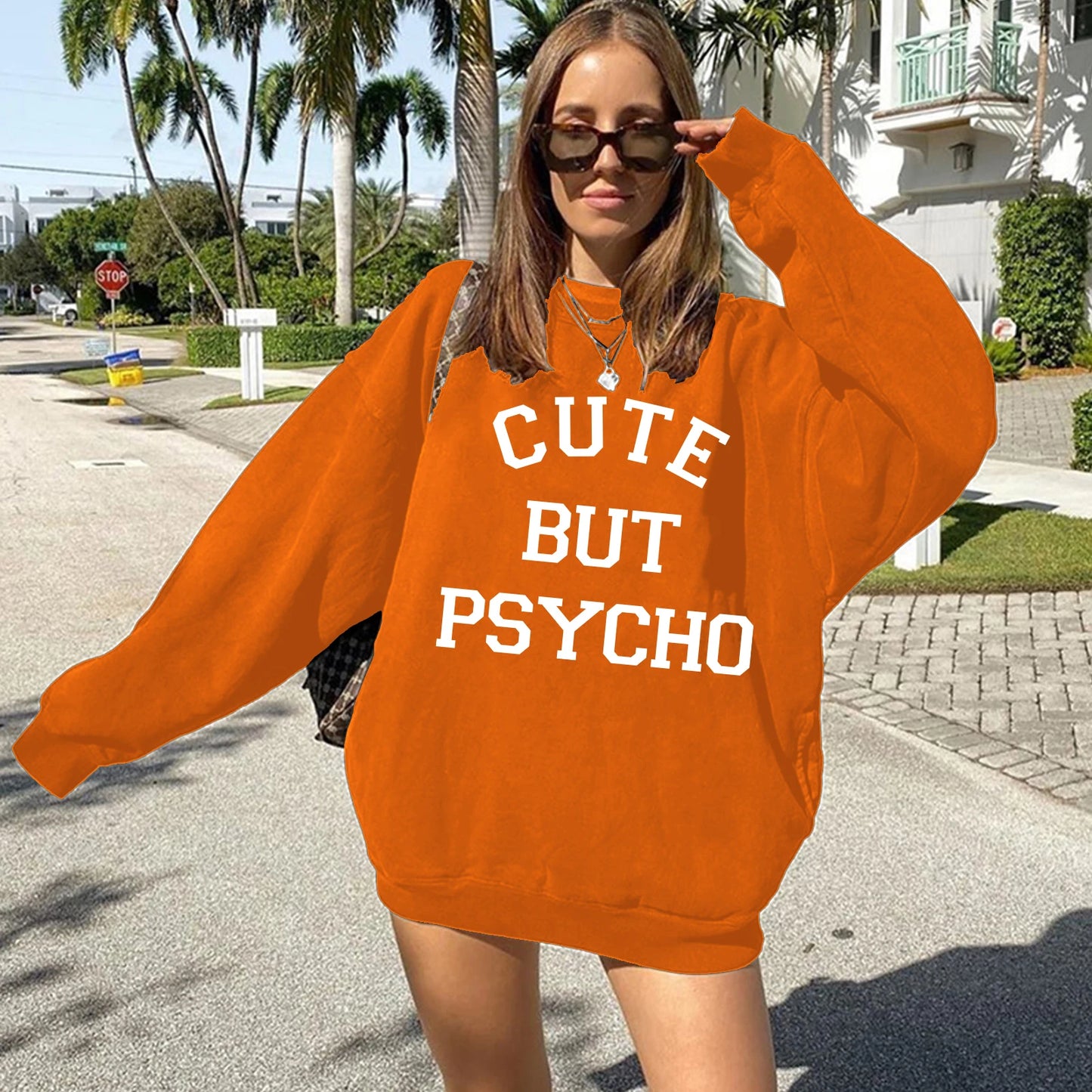 CUTE but PSYCHO 2023 Trend Long Sleeve O-Neck Ladies Top Harajuku Fashion Fall/Winter Hoodie Y2K Aesthetic Streetwear