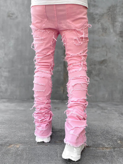 Ins Fringes Ripped Trousers Individual Patched Pants Long Tight Fit Stacked Jeans for Mens Clothing
