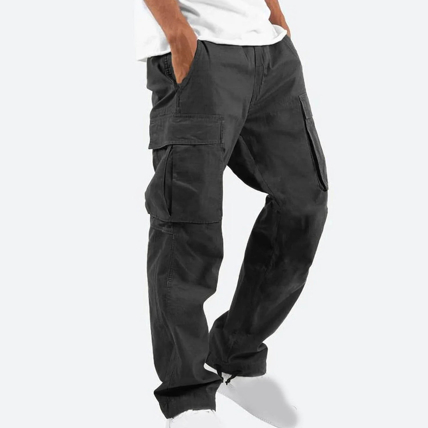 Trousers Full Length Pants for Men Solid 2025 Casual Multiple Pockets Outdoor Straight Type Fitness Pants Cargo Pants Trousers Gray