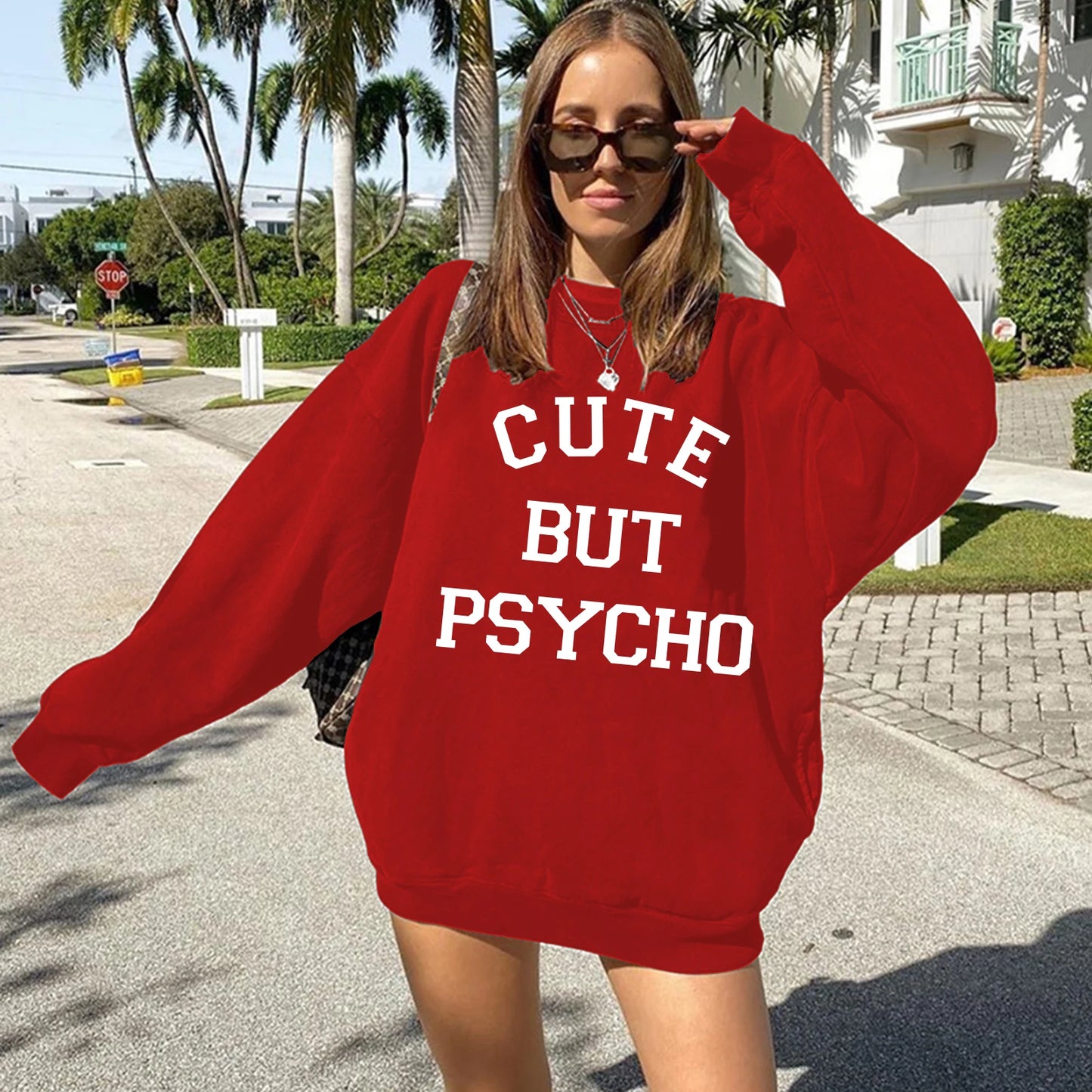CUTE but PSYCHO 2023 Trend Long Sleeve O-Neck Ladies Top Harajuku Fashion Fall/Winter Hoodie Y2K Aesthetic Streetwear